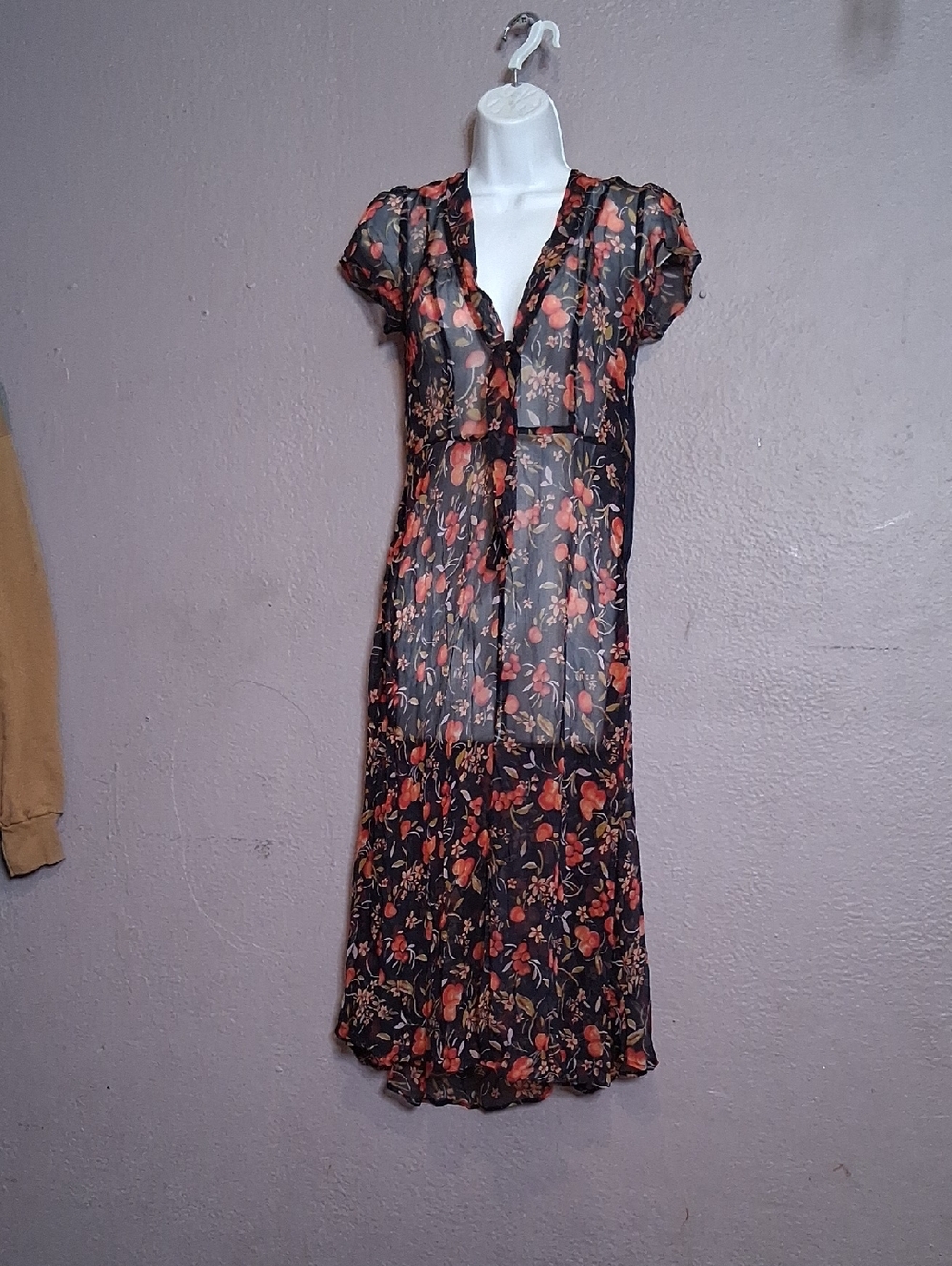 Kimchi Blue Black Sheer Midi Dress with Orange-Red Floral Print